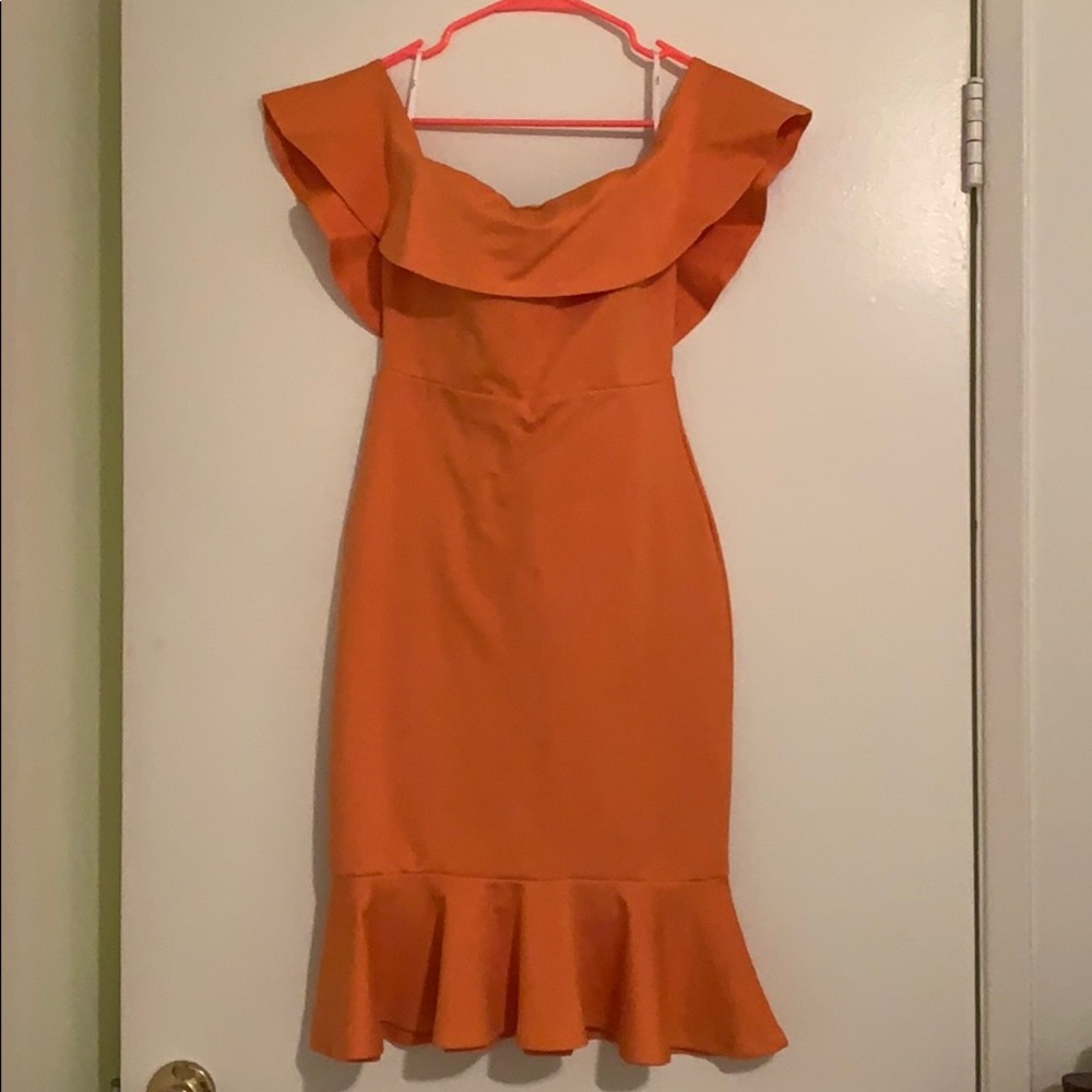 Lulus’s off the shoulder tangerine dress
